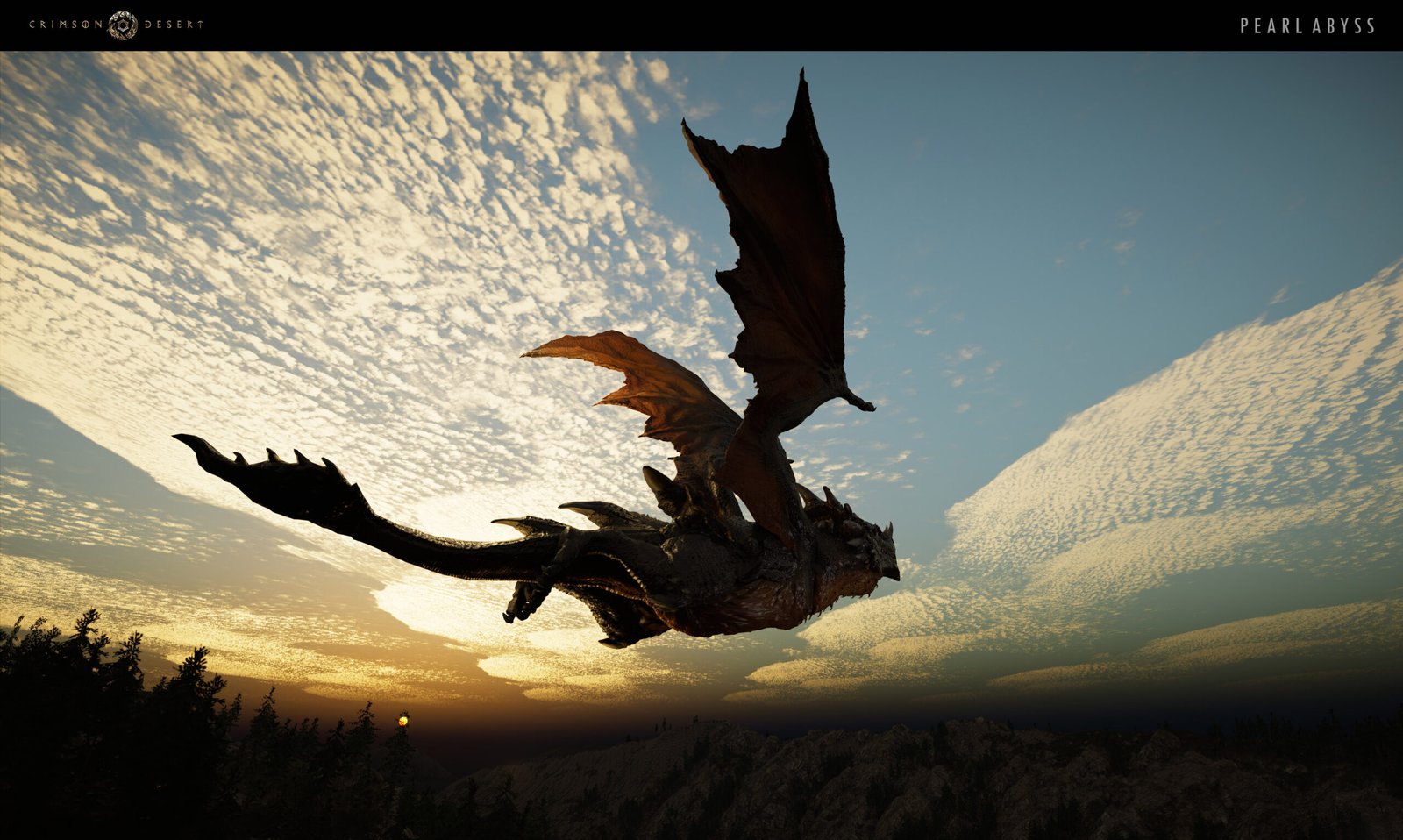 Crimson Desert - a dragon lies across a sky with scattered clouds