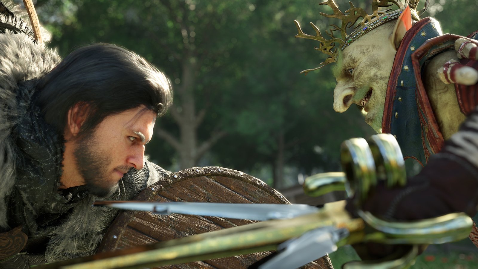 Crimson Desert's player character glaring at a crowned goblin as they duel.