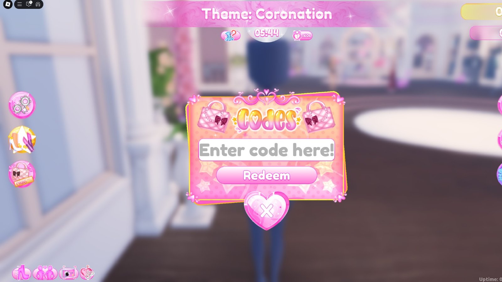 Roblox Dress To Impress code redeem page showing a text box reading "enter code here" and a "redeem" button