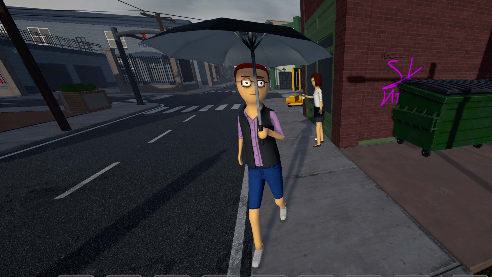 A Schedule 1 NPC using an umbrella as they walk through the new rain weather system update