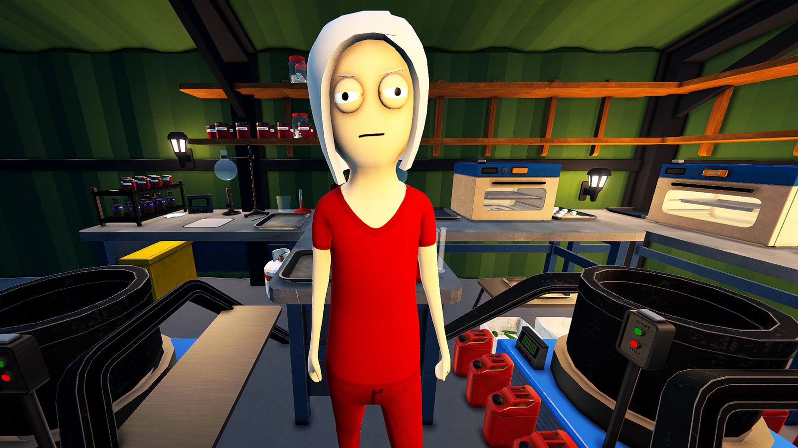 Schedule 1 player character wearing red and standing in their warehouse lab