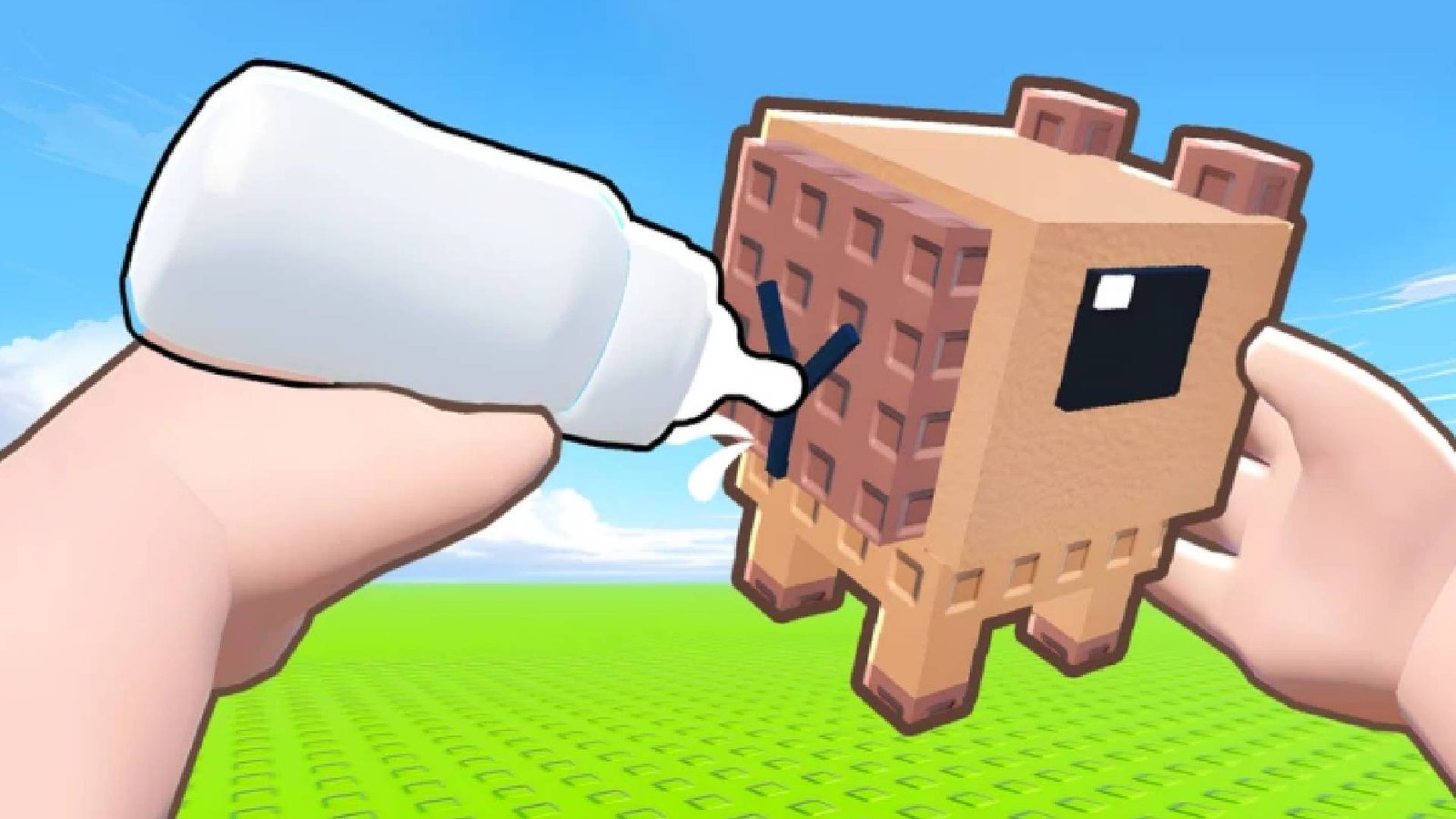 Roblox Build a Zoo thumbnail showing a baby capybara being fed a bottle of milk and held by a characters hands
