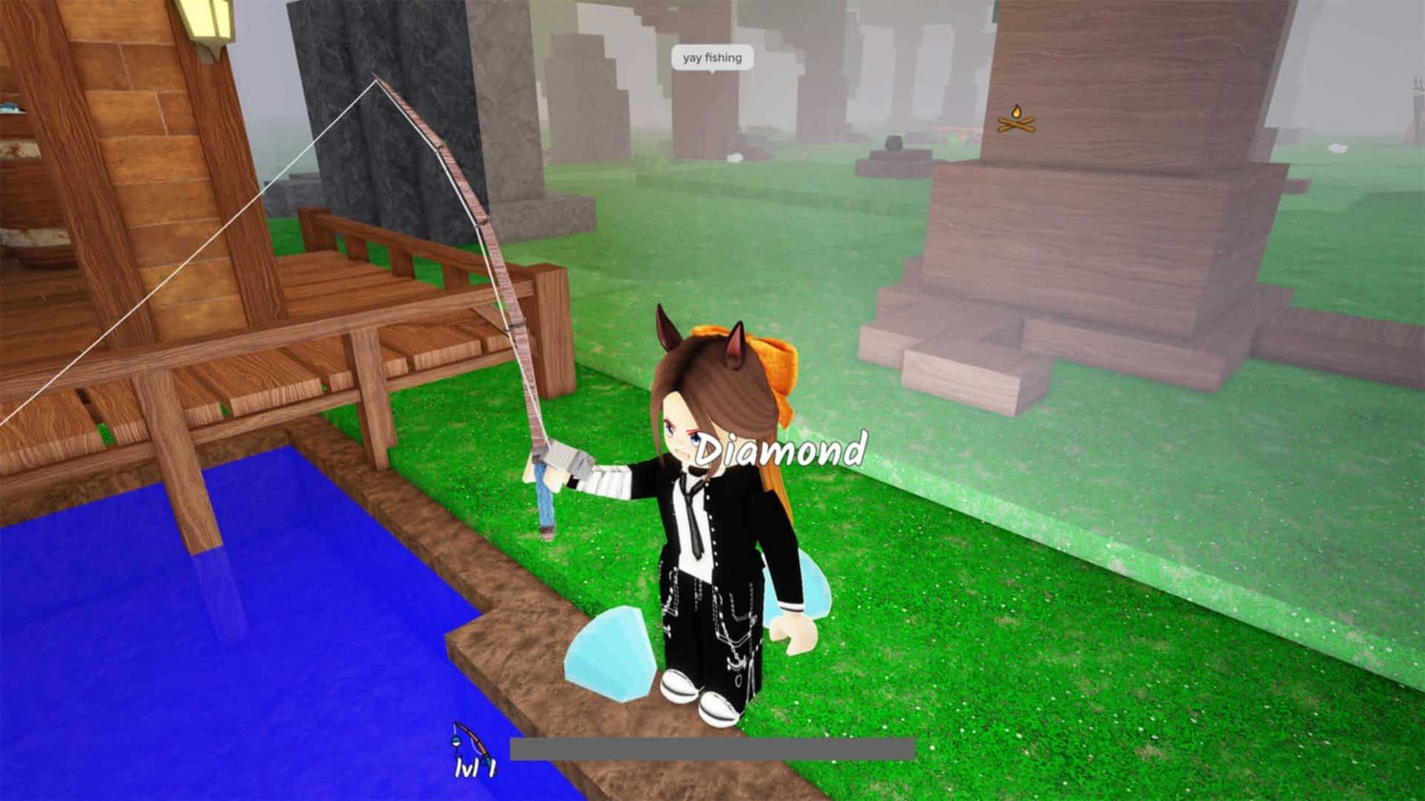 99 Nights in the Forest 'yay fishing' appearing in a speech bubble over a Roblox user that has their fishing pole out and typed into the experience chat, there are also diamonds on the ground beside them