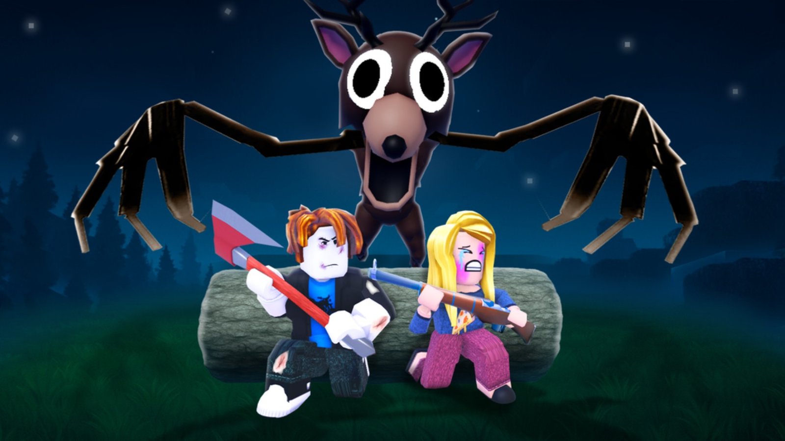 99 Nights In The Forest - The players cower in fear from a spooky creature in a dark woods