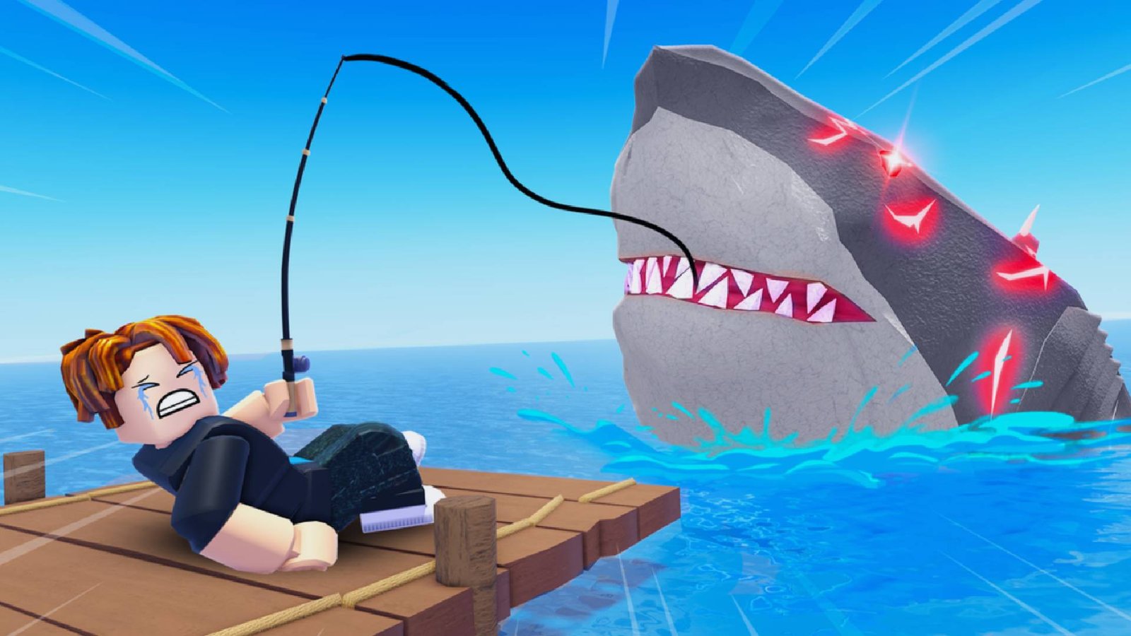 Roblox Fish It splash art featuring the player reeling in a big megladon 