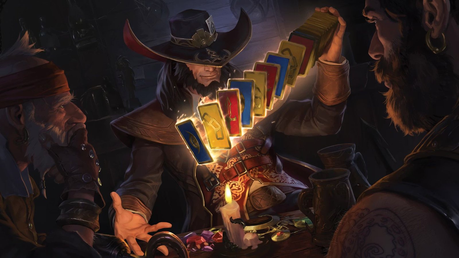 A magic cowboy shuffles cards with magic