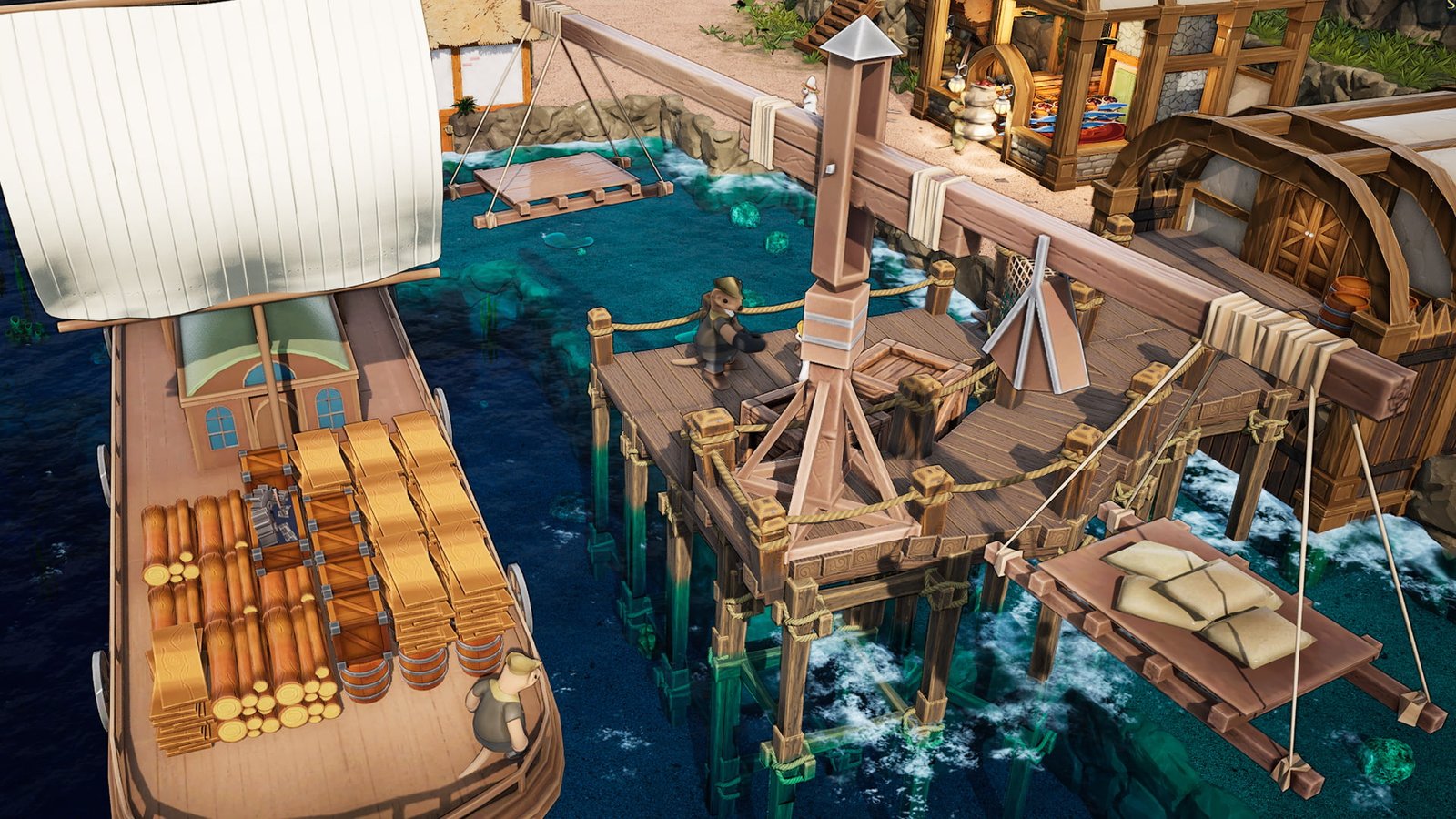 Whiskerwood supply boat docking with a ferret-like creature talking to the mouse.