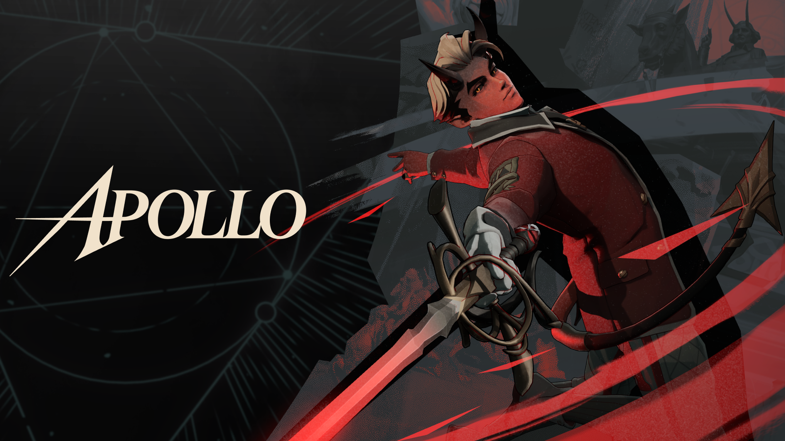 Apollo from Deadlock, a fancily-dressed Ixan fencer with a blade pointed towards the screen, drawn in a wicked, vermillion arc.
