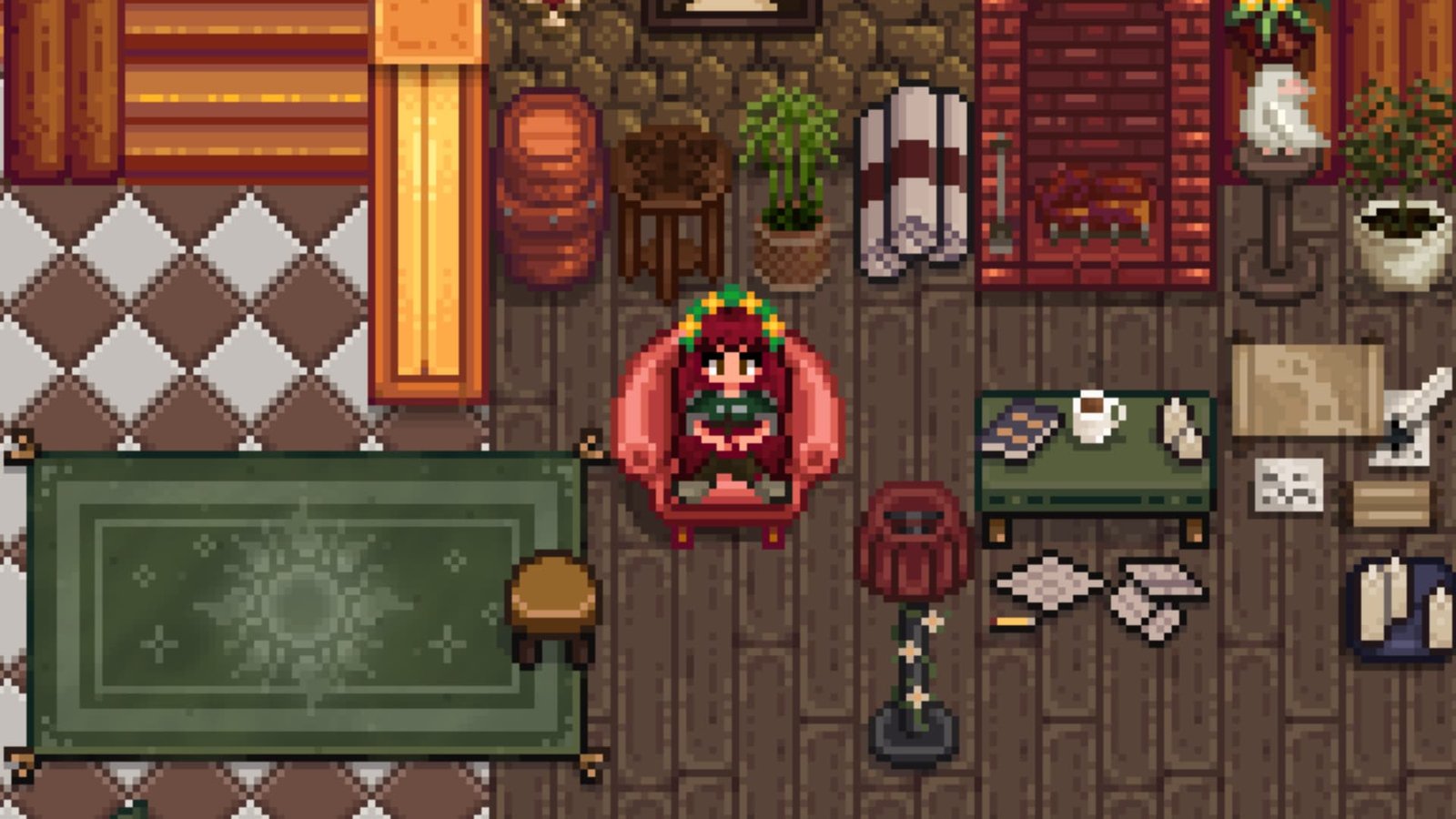 Stardew Valley farmer sitting in a cottagecore themed home made to match with mods