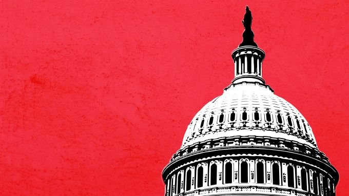 render of the US Capitol dome on red background