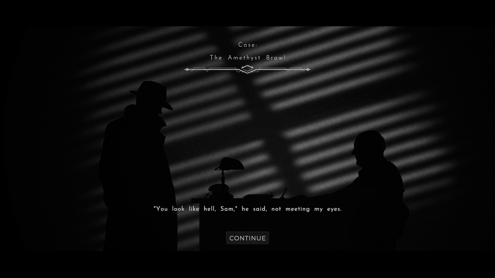 A noir detective talking to his superior in silhouette in Obsidian Moon.