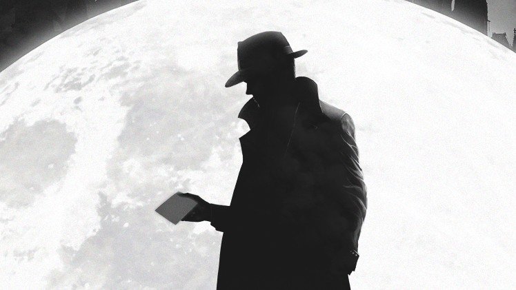 A noir detective silhouetted against the moon behind him in Obsidian Moon.
