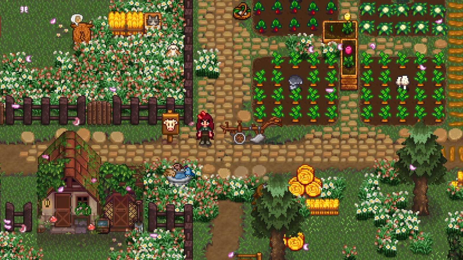 Stardew Valley outdoors with crops and livestock modded