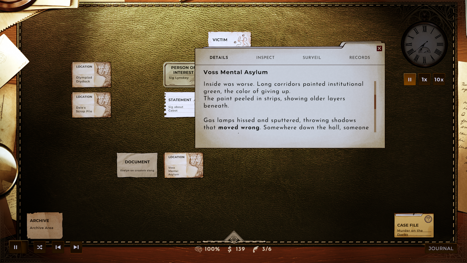 Looking at clues on a 1930s desk in Obsidian Moon.