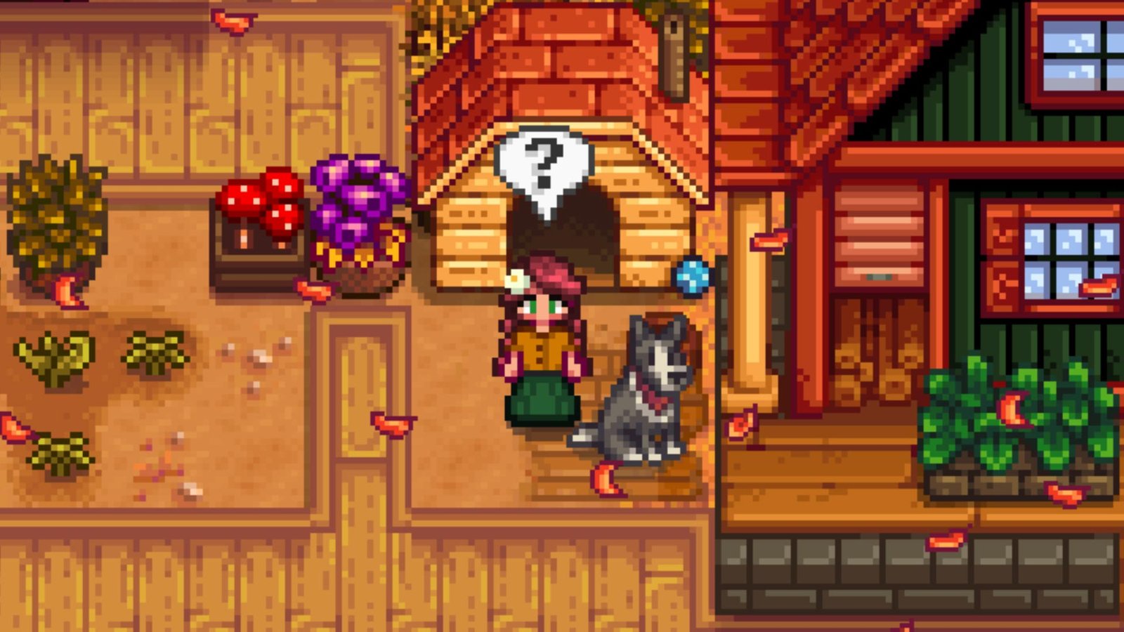 Stardew Valley farmer standing outside their house next to their dog.