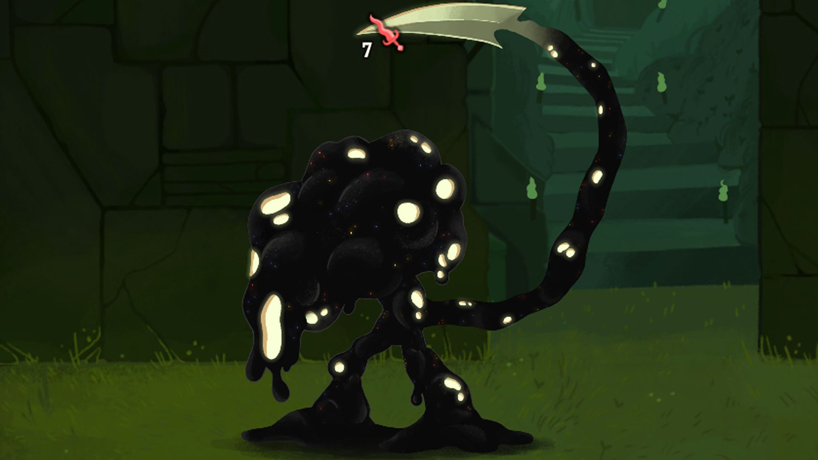 Vantom, a blob-like Slay the Spire 2 boss with a tail that's covered in strange white dots.