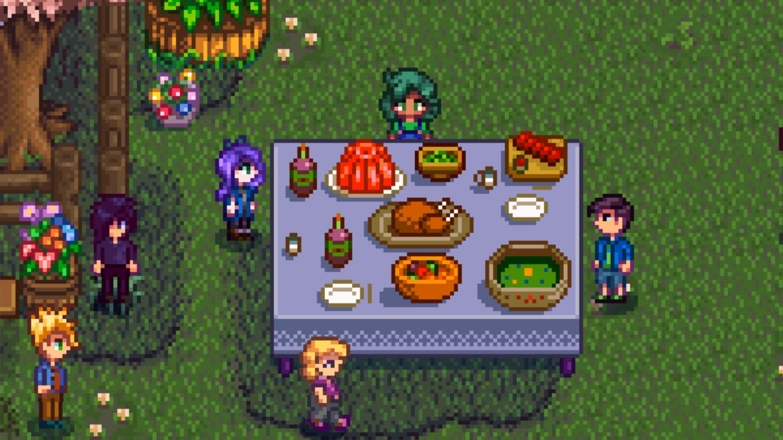 Stardew Valley - The player farmer standing at the Flower Dance festival's big dining table, near Shane, Abigail, Pam, and Sebastian