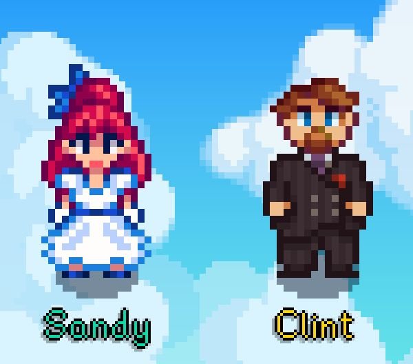 Sandy and Clint in their wedding attire as new marriage candidates in Stardew Valley 1.7