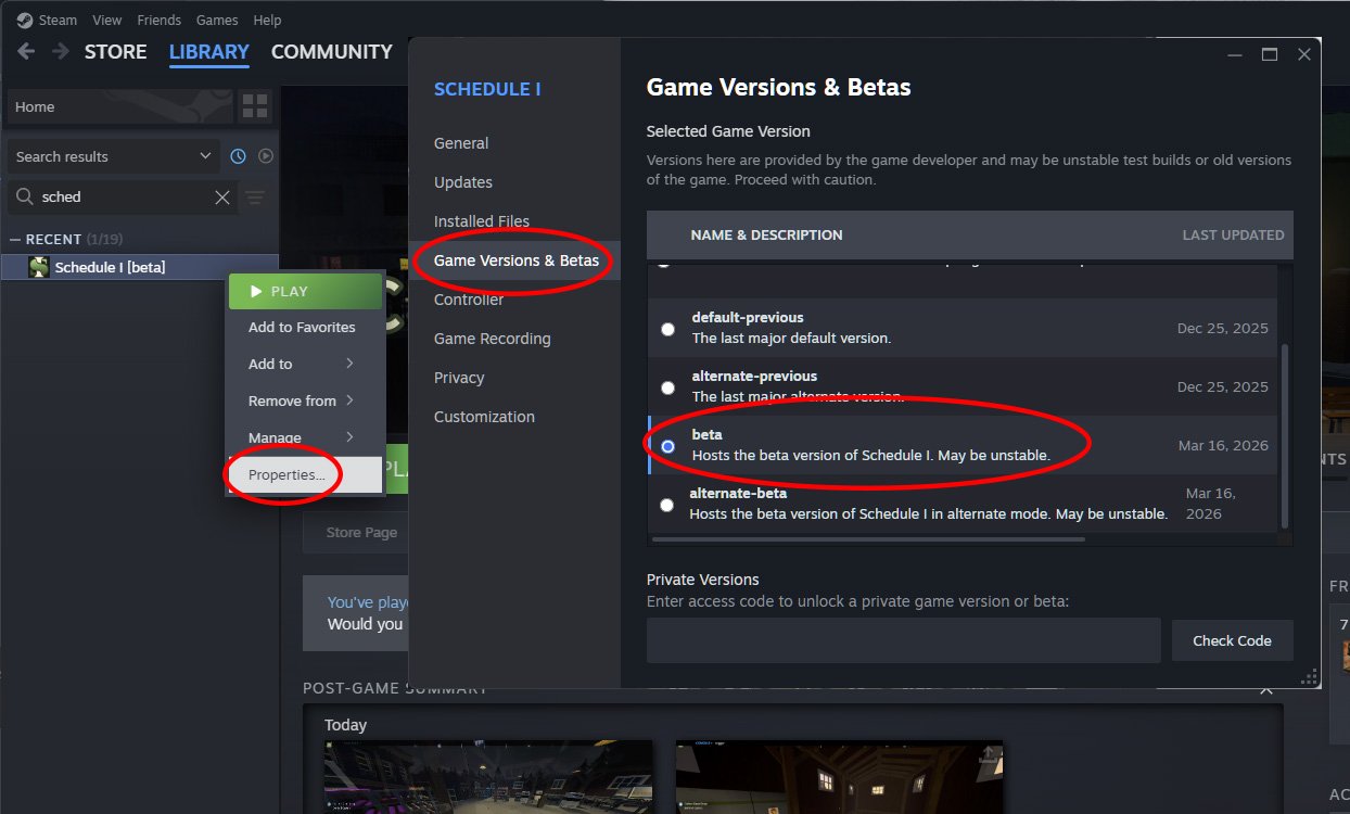 The Steam menus for right clicking Schedule 1 and accessing its Properties window. To the right of that is the Game Versions &amp; Betas window, where you can select the beta build.