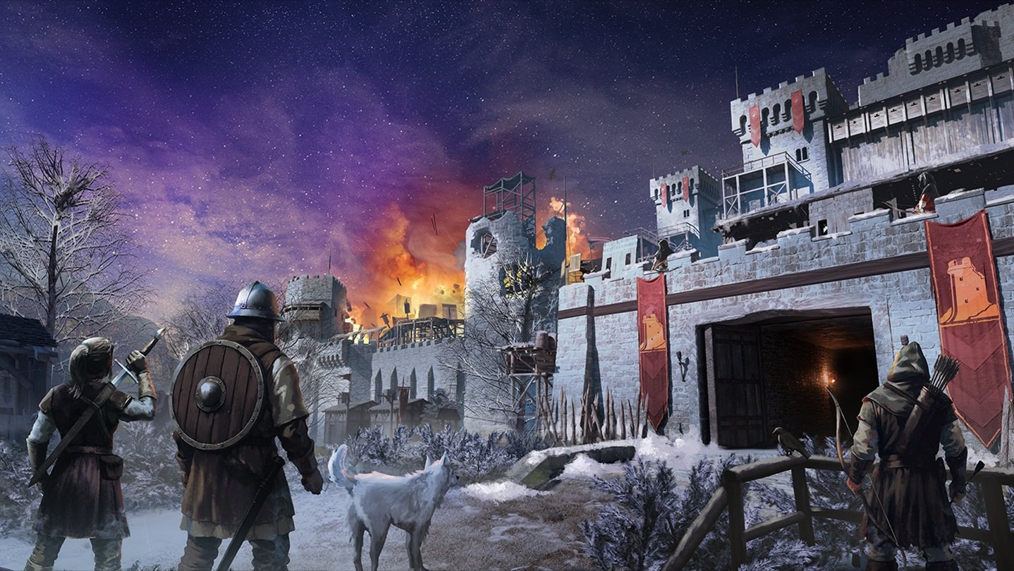 Warriors standing in front of a burning castle