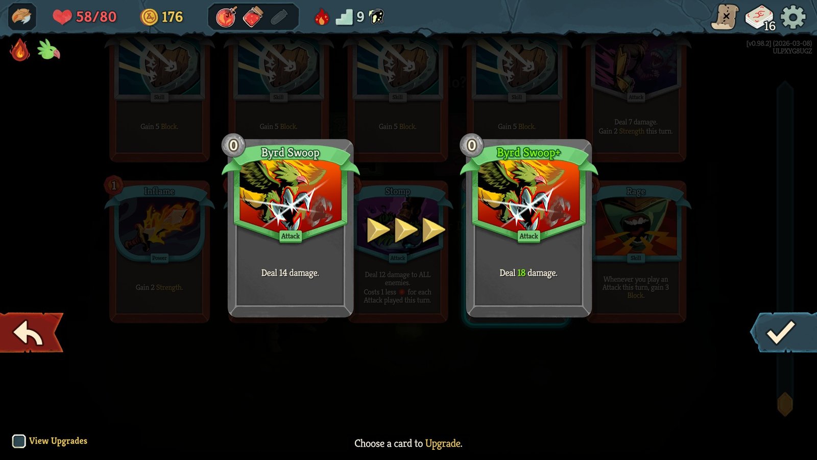 Slay the Spire 2 - Upgrading the Byrd Swoop card from 14 to 18 damage