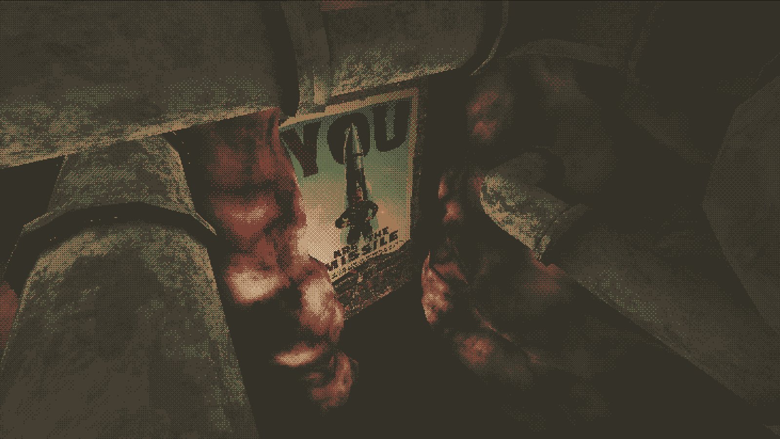 A first person view of a propaganda poster urging you to sign up as a human nuclear missile surrounded by fleshy growths and pipes 