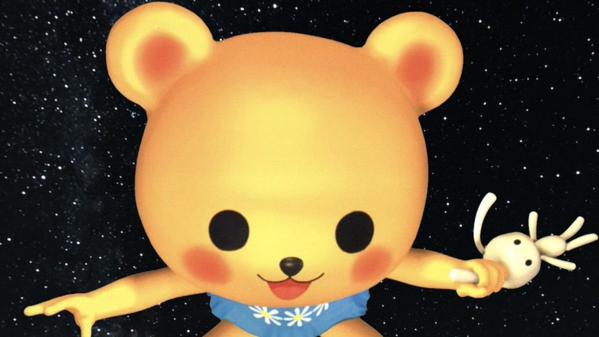 A teddy bear holding a toy rabbit floats in space