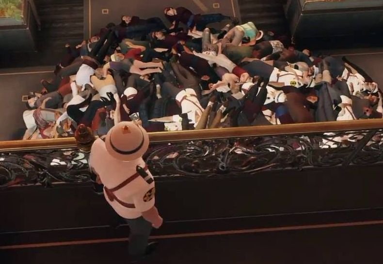 Agent 47 and a pile of bodies.