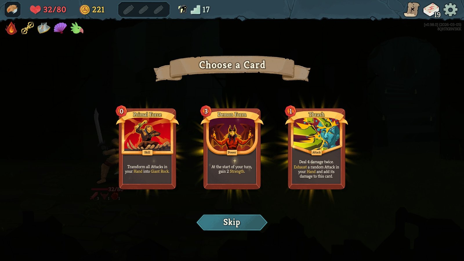 Choosing one of three Ironclad cards in Slay the Spire 2.