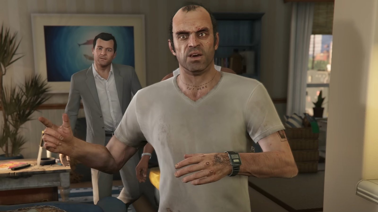 Trevor Phillips from GTA 5 as he walks through a swanky apartment with Michael De Santa and Franklin Clinton. He's animated and mid-speech. 