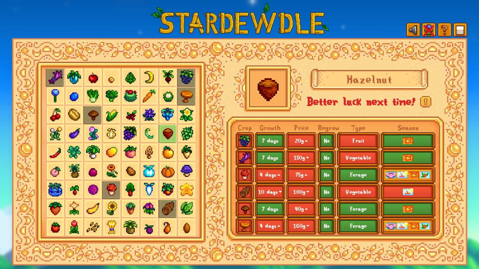 The Stardewdle UI displaying the correct daily crop, Hazelnut, and six wrong answers based on various criteria like growth time, season, and price.