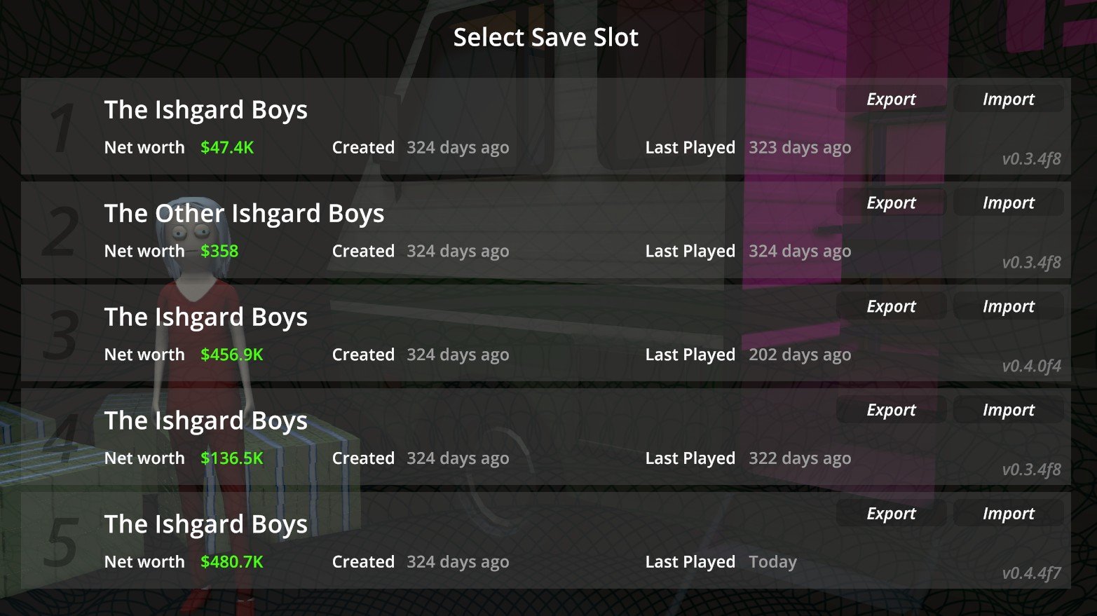 Schedule 1 save menu showing various save files for exporting or importing