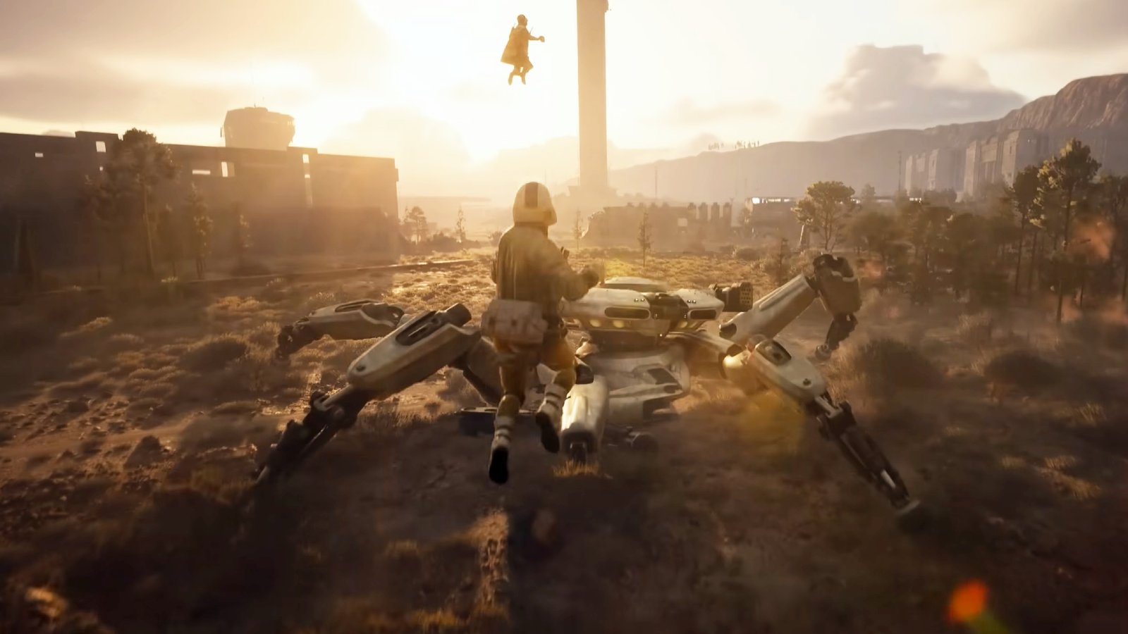 Arc Raiders: A screenshot from the original reveal trailer showing a character flying in the air after using a jump pad, leaping towards a large robot.