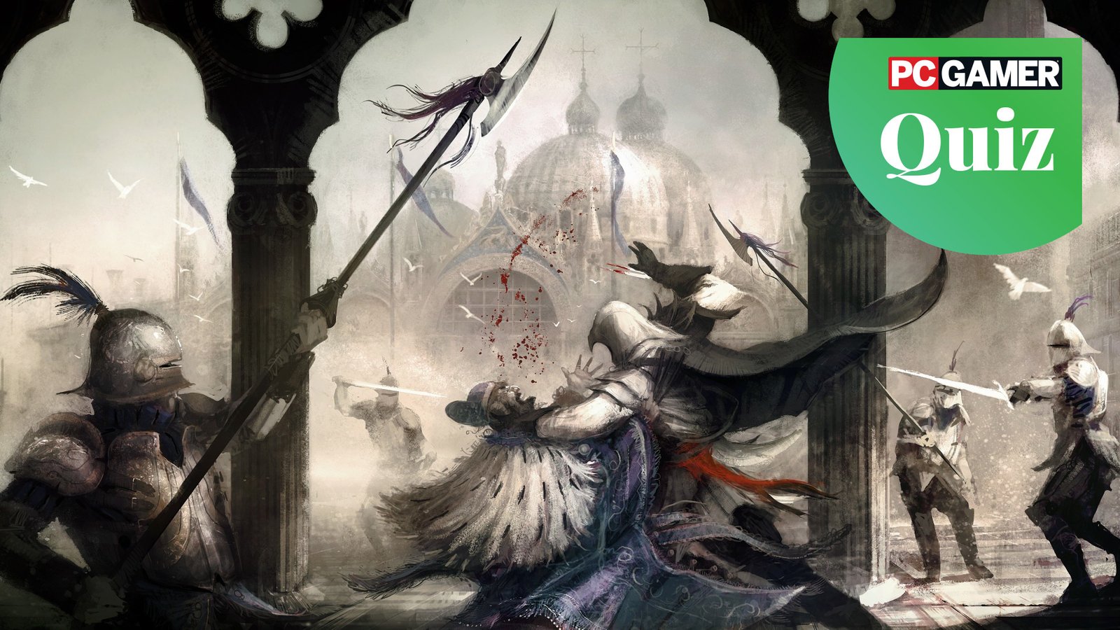 Ezio assassinating a target while guards charge towards him in Assassin's Creed 2.