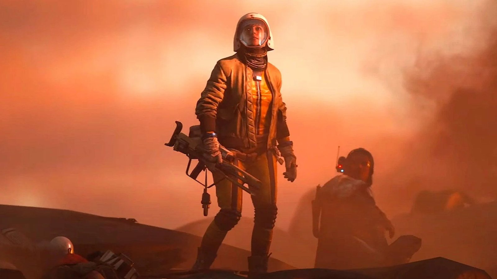 Arc Raiders: A raider standing with a gun in their right hand, looking upwards at something out of shot, surrounded by red smoke.