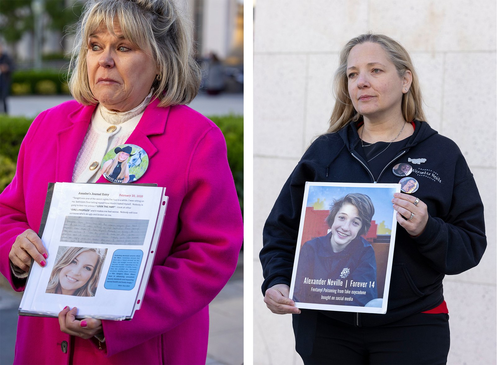 Parents holding photos of their deceased children outside the courthouse