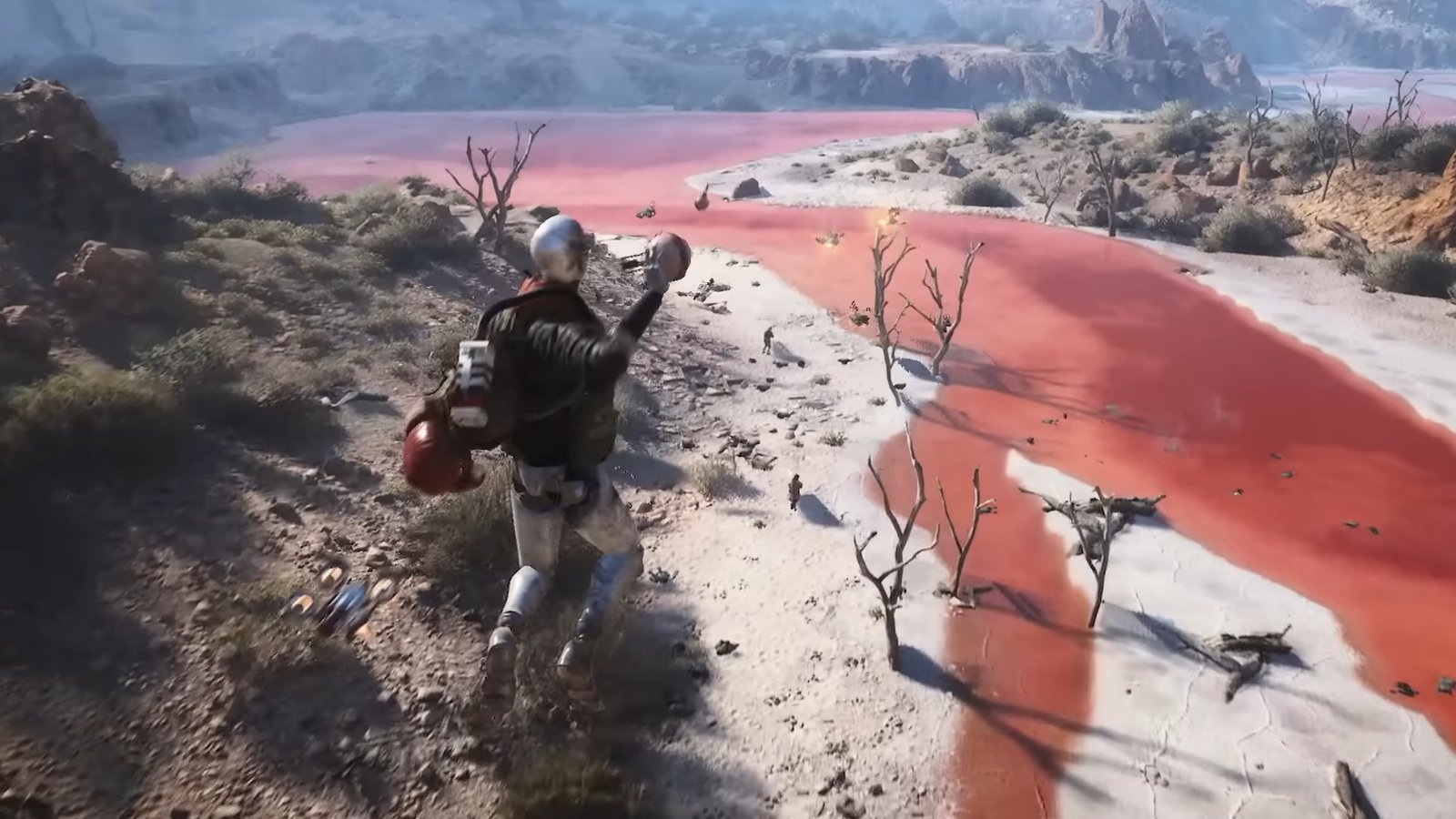 Arc Raiders: A screenshot from the original reveal trailer showing a character flying in the air after using a jump pad, holding a grenade in their hand.